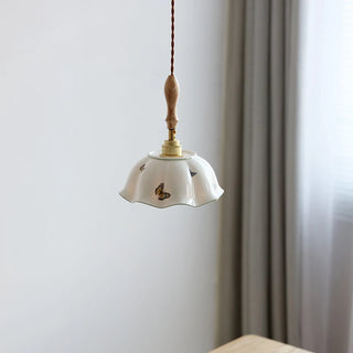 IWHD Butterfly Ceramic LED Pendant Lamp Beside Wooden Handle Copper Socket Home Decor Bedroom Dining Lving Room Light Hanglamp