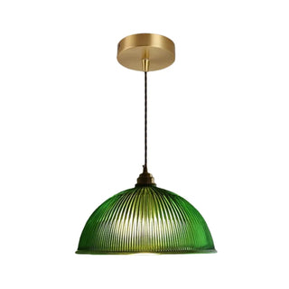 A modern pendant light with a ribbed green glass dome shade and a brushed brass canopy and cord, shown against a plain white background.
