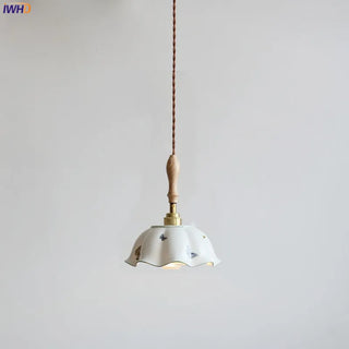 IWHD Butterfly Ceramic LED Pendant Lamp Beside Wooden Handle Copper Socket Home Decor Bedroom Dining Lving Room Light Hanglamp